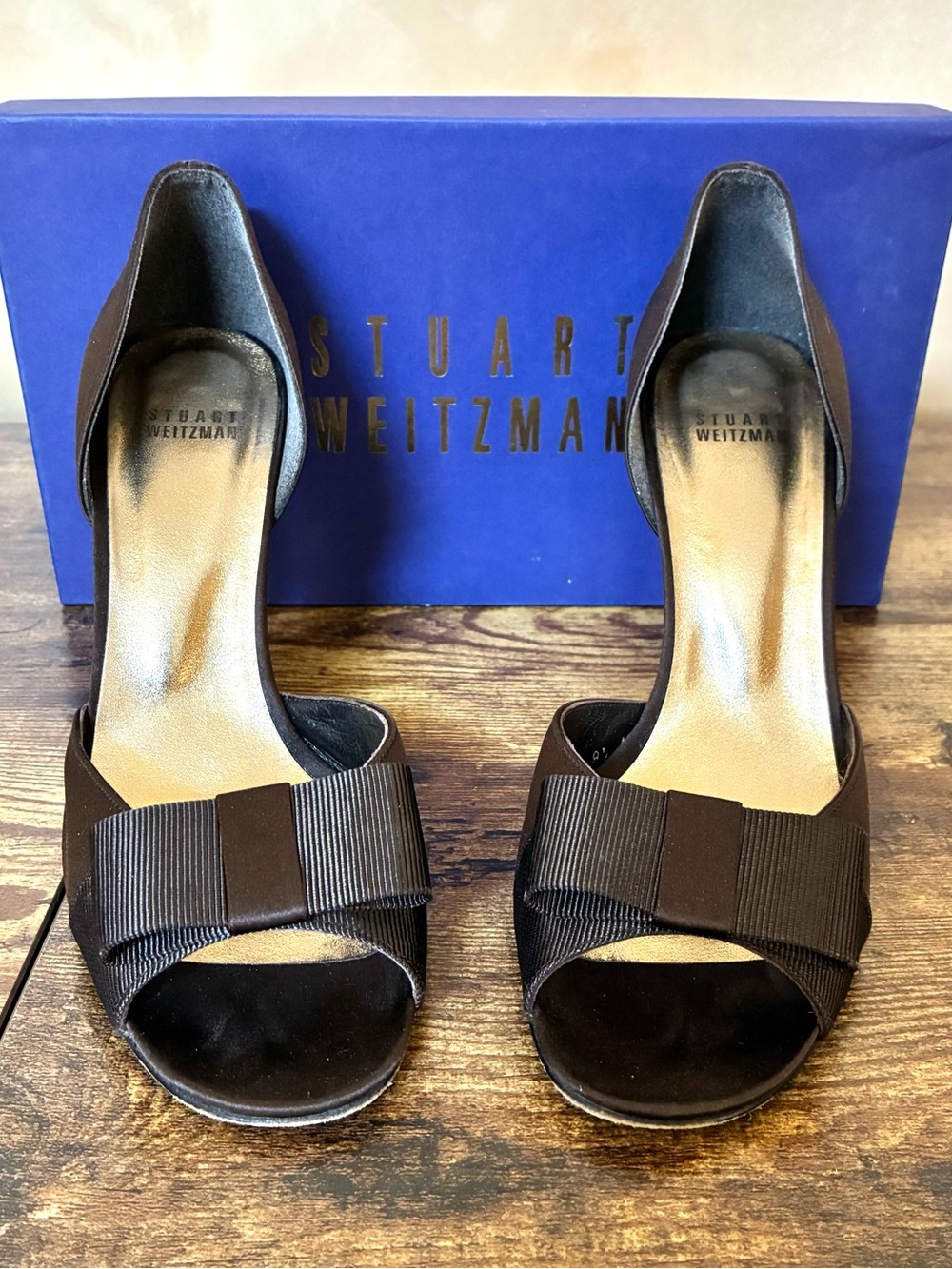 Stuart Weitzman Brown Satin Bow Peep-Toe D’Orsay Heels Pumps